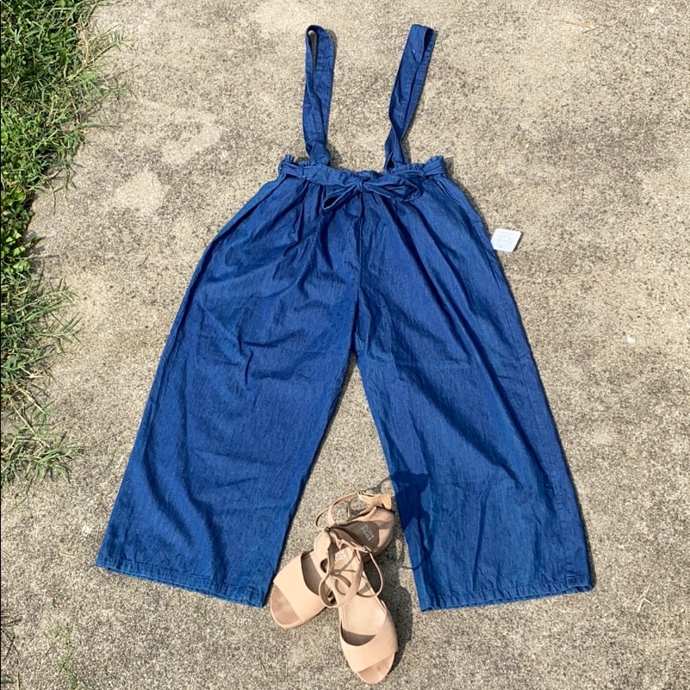 Wide leg paperbag chambray pants or overalls